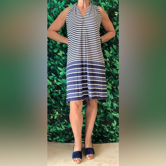 🔷 Max Studio Navy/Royal/White Striped V-Neck Dress – Size M - Picture 1 of 4